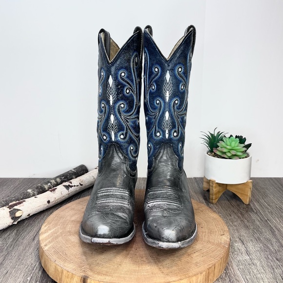 *Rockin Leather | Grey/Navy Western Distressed Leather Boots Size 6.5E - Picture 11 of 16